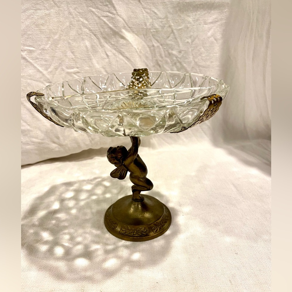 Vintage Glass Compote with Bronze Cherub Stand